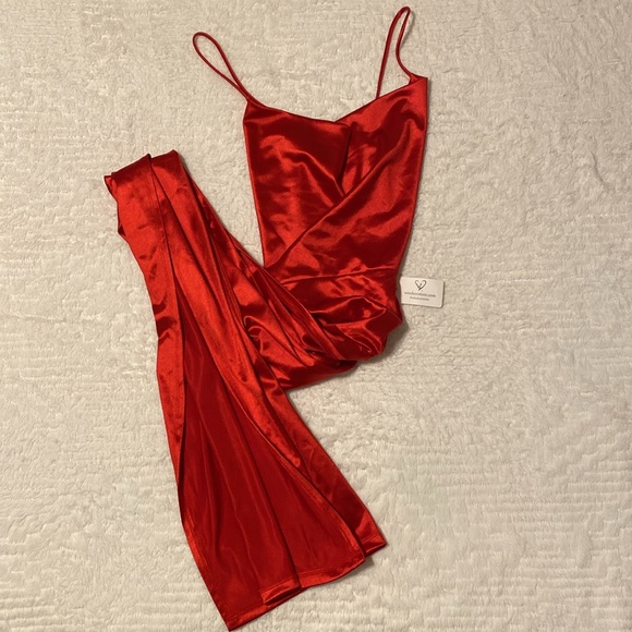 Windsor Satin Red High Slit Formal Dress - Picture 2 of 4